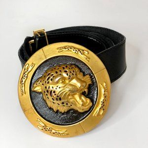 VINTAGE NI 95 Gold Tiger Buckle Black Leather Belt